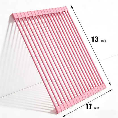 Roll up Dish Drying Rack Over the Sink, Silicone Wrapped Stainless Steel, 17" x 13", Pink, Heat Resistant, Foldable