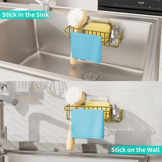 HapiRm Sponge Holder for Kitchen Sink, No Drill Kitchen Sink Caddy Organizer, Rustproof Dish Sponge Holder- Gold(8.73 * 3.54 * 2.36in)