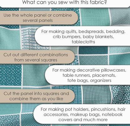 Cotton Satin Patchwork Fabric Panel – 35 Designs, 20×20 cm Squares, Single Piece 150×110 cm, Green Patchwork Quilt Fabric (Turquoise Waves Patchwork Set, 35pcs 8x8 inch)