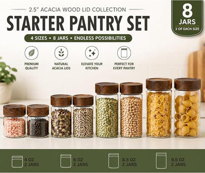 Sixhaven Wide Mouth Glass Storage Jars With 2.5" Acacia Wood Lids - Starter Pantry Set - 8 Jars - 4 Sizes - Food Storage Containers - Pantry Organizers and Storage (8, Transparent, Starter Pantry Set)
