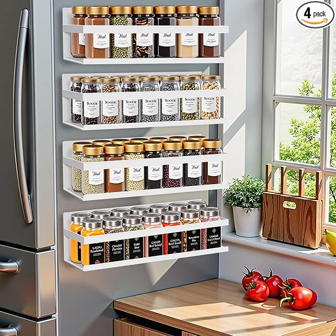 SMRCAD Magnetic Spice Rack for Refrigerator, 4pack Magnetic Shelf for Fridge Space Saving Seasoning Organizer for Any Metal Surface No Drilling Needed (WHITE -cut out, 4pack)