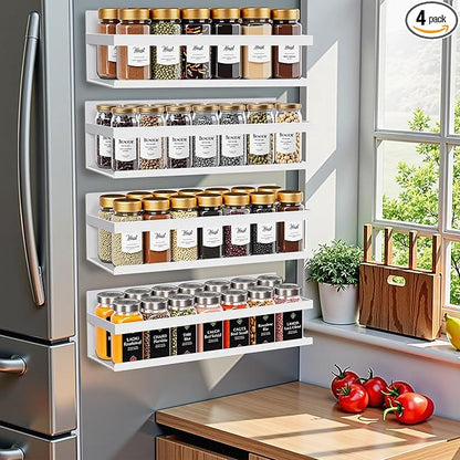 SMRCAD Magnetic Spice Rack for Refrigerator, 4pack Magnetic Shelf for Fridge Space Saving Seasoning Organizer for Any Metal Surface No Drilling Needed (WHITE -cut out, 4pack)