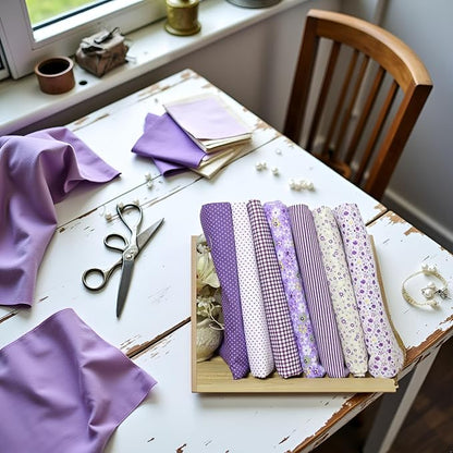 7Pcs Square Shape, Flower, Striped, Polka Dot Cotton Fabric Fabric for Sewing, 25x25cm Cotton Fabric Flower Polka Dot Bundle DIY Patchwork Quilt Cloth,Craft and Hobby Fabric (Purple)
