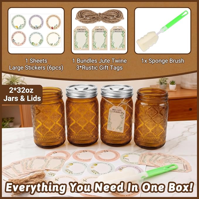 32 oz Amber Mason Jars with Stainless Steel Leakproof Lids, 2 Pack Wide Mouth Colored Glass Jars for DIY Crafts, Wedding Centerpieces, Home Decor, Flower Vase, Bathroom Storage
