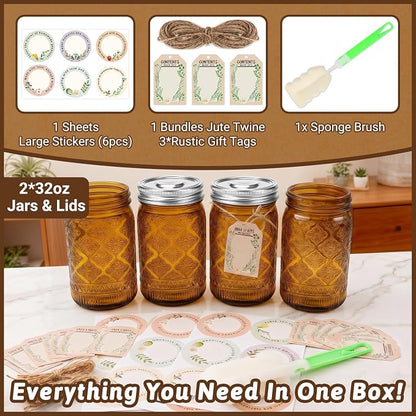 32 oz Amber Mason Jars with Stainless Steel Leakproof Lids, 2 Pack Wide Mouth Colored Glass Jars for DIY Crafts, Wedding Centerpieces, Home Decor, Flower Vase, Bathroom Storage