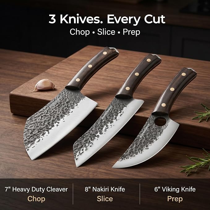 Hand Forged Butcher Knife Set, 7" Meat Cleaver + 8" Chef Knife + 6" Viking Knife, Full Tang High Carbon Steel, Wooden Handle, Whetstone, Durable for Meat Cutting, BBQ and Outdoor Cooking