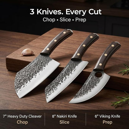 Hand Forged Butcher Knife Set, 7" Meat Cleaver + 8" Chef Knife + 6" Viking Knife, Full Tang High Carbon Steel, Wooden Handle, Whetstone, Durable for Meat Cutting, BBQ and Outdoor Cooking