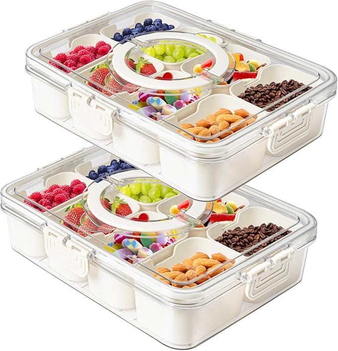 2Pack Snackle Box with Handle for Food Serving Tray Snack Platter with Lids Stackable Fruit&Veggie Container with 8 Small Removable Boxes for Snack Charcuterie Candy Nuts Spice