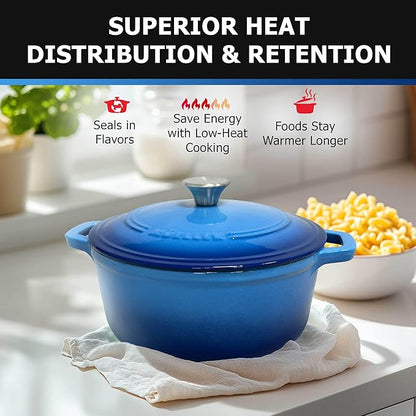 Mueller 6qt Enameled Cast Iron Dutch Oven, Heavy-Duty Casserole and Braiser Pan with Lid and Knob, Oven-Safe up to 500° F & Across All Cooktops, Aqua Blue