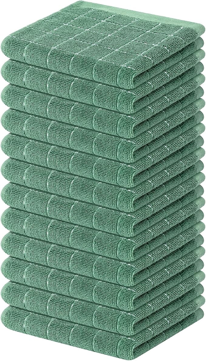Mordimy 100% Cotton Terry Cloth Dish Cloths, Soft and Absorbent Checkered Dish Towels, Quick Drying Dish Rags for Washing Dishes, 12 Pack, 12 x 12 Inches, Grass Green
