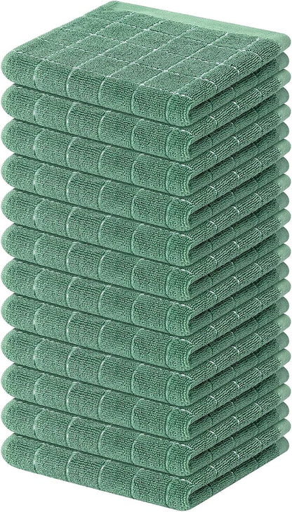 Mordimy 100% Cotton Terry Cloth Dish Cloths, Soft and Absorbent Checkered Dish Towels, Quick Drying Dish Rags for Washing Dishes, 12 Pack, 12 x 12 Inches, Grass Green