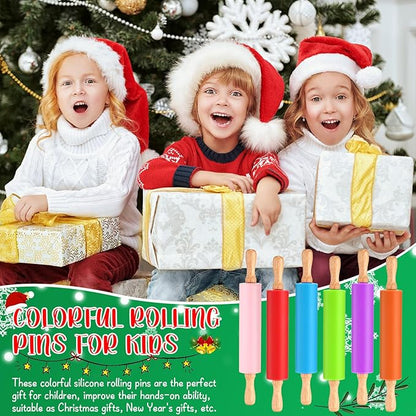 Dandat 12 Pcs Small Rolling Pin Kids 12 Inch Mini Silicone Rolling Pin for Baking Non Stick Kids Dough Roller with Wooden Handle for Kitchen Cookie Pastry Fondant Cake 6 Colors