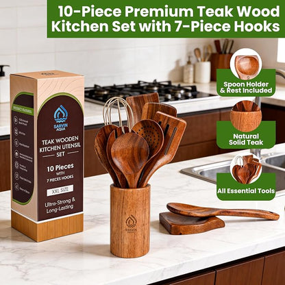 Teak Wooden Utensil Set 10 Piece, Kitchen Cooking Utensils with Holder and Hanging Hooks, Wooden Spoons and Spatulas for Cooking, Sturdy and Lightweight, Heat-Resistant Non-Stick Cookware