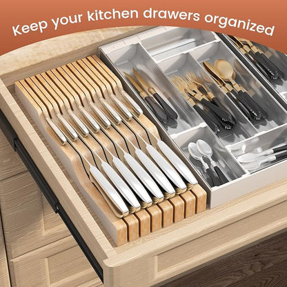 In-Drawer Knife Block Organizer - Bamboo Wood Drawer Knife Organizer-Protecting Knife Organizer Block (Not Included) (White, 15 Knives Dock)