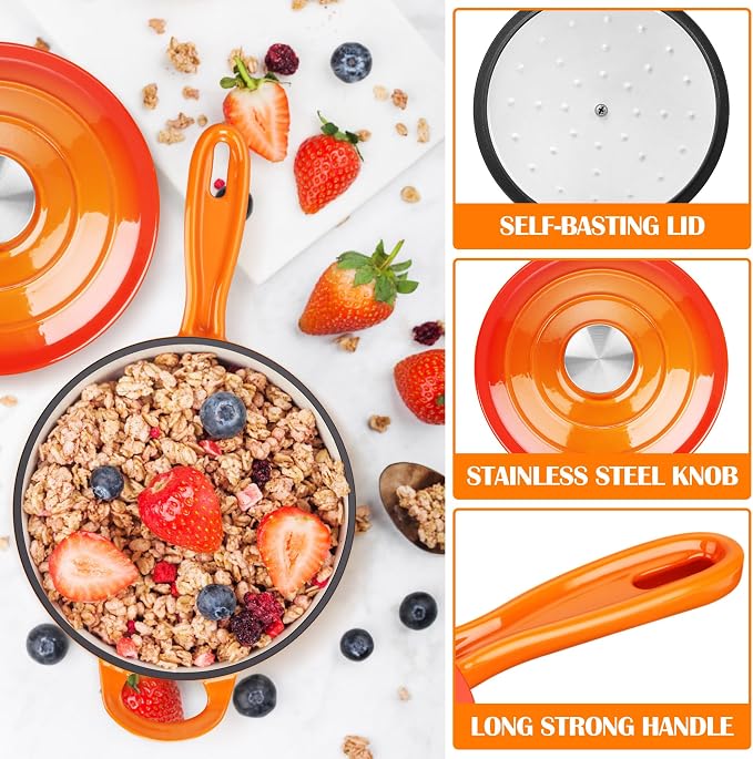 E-far Enameled Cast Iron Sauce Pan with Lid, 1 Quart Dutch Oven Saucepan, Mini Sauce Pot for Cooking, Boiling, Healthy & Non Toxic, Induction & Oven Safe, Orange