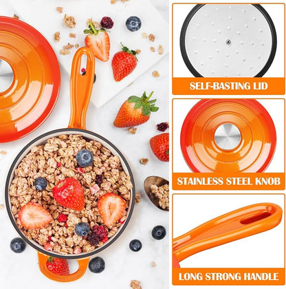 E-far Enameled Cast Iron Sauce Pan with Lid, 1 Quart Dutch Oven Saucepan, Mini Sauce Pot for Cooking, Boiling, Healthy & Non Toxic, Induction & Oven Safe, Orange