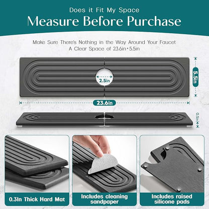 Large Faucet Mat for Kitchen Sink - Stone Drying Mat for Kitchen Counter, Diatomite Fast Drying Stone Sink Tray, Super Absorbent, Stylish Decor and Protector for Bathroom (Dark Grey, 23.6" x 5.5")