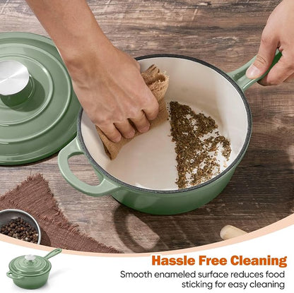 Homikit 1 QT & 2 QT Saucepan Set, Enameled Cast Iron Saucepan with Lid for All Cooktops, Small Pot Mini Dutch Oven for Kitchen Cooking, Boiling, Nonstick & Heavy Duty, Sage Green