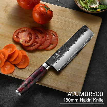Japanese Nakiri Knife, 7 Inch Hand Forged Chef Knives with VG10 Steel, Professional Kitchen Knives, Ultra Sharp Vegetables Knife with Ergonomic Red Handle, Cooking Gifts for Men and Women