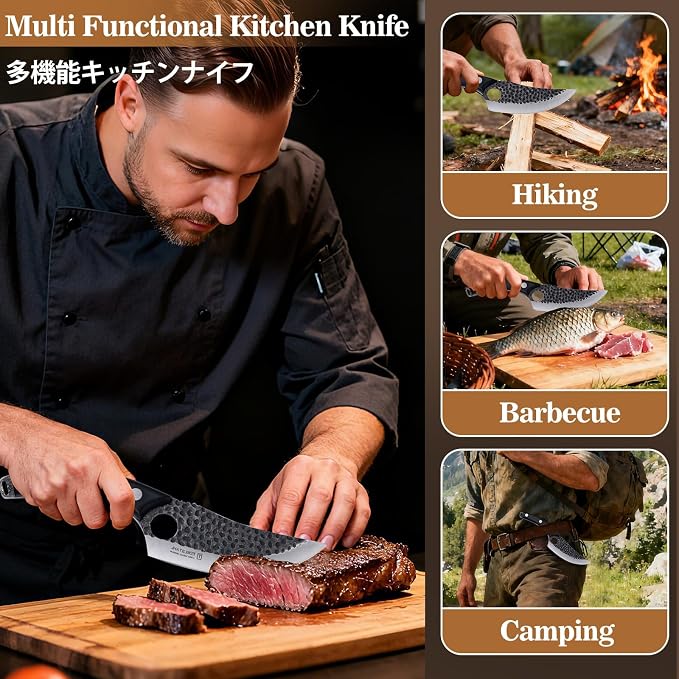 Chef Knife, Kitchen Knife for Boning,Cutting and Chopping,Stainless Steel Japanese Knife,Ergonomic Butcher Knife for Cutting Meat,Vegetables,Kitchen,Camping,Barbecue Meat Knives,Black