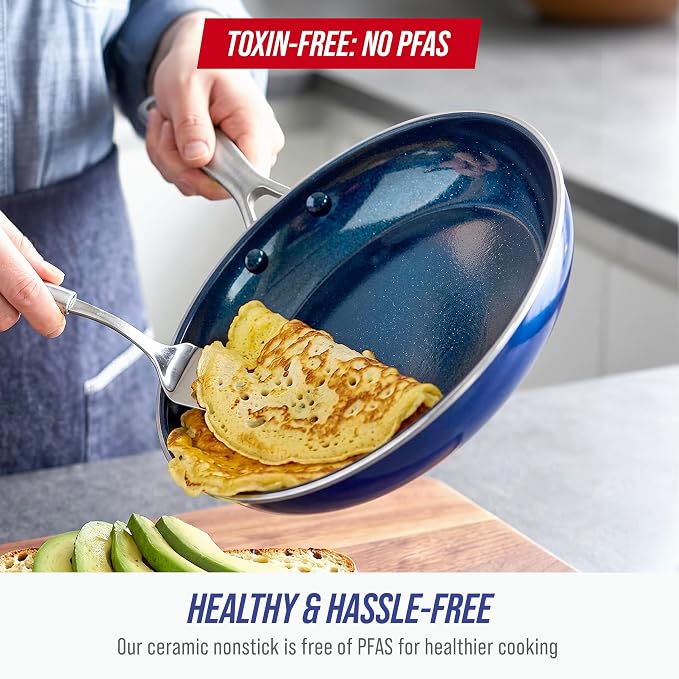 Blue Diamond 9.5” and 11" Frying Pan Skillet Set, Diamond Infused PFAS & PFOA-Free Ceramic Nonstick Pots & Pans, Durable Non Toxic Metal Utensil Safe & Scratch Resistant, Dishwasher & Oven Safe, Blue