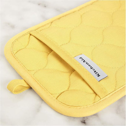 KITCHENAID Quilted Cotton Terry Cloth Oven Mitt, Pot Holder, Kitchen Towel 4-Pack Set, Heat Resistant, Silicone Grip, 16"x26", 7"x13" & 7"x10", Butter Yellow