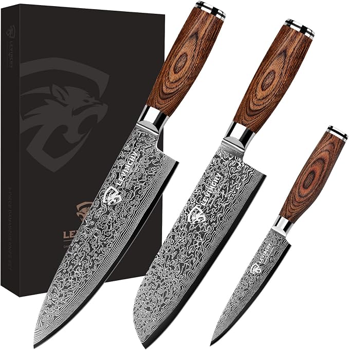 Damascus Kitchen Knife Set 3 Pieces, Chef Knife/Santoku/Steak, Handmade Damascus Stainless Steel Kitchen Knife, Ergonomic PAKKA Wood Handle