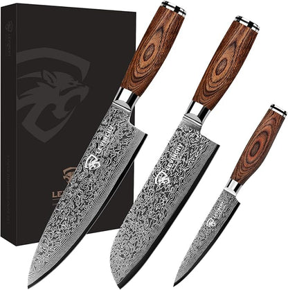 Damascus Kitchen Knife Set 3 Pieces, Chef Knife/Santoku/Steak, Handmade Damascus Stainless Steel Kitchen Knife, Ergonomic PAKKA Wood Handle