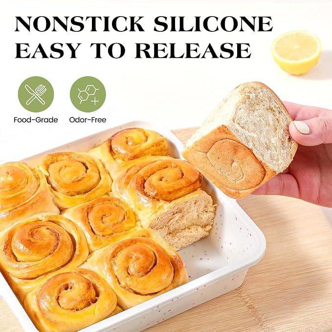 8x8 inch Silicone Square Cake Pan with Metal Reinforced Frame, Nonstick Brownie Pan for Baking, BPA Free Set of 2 (Cream)