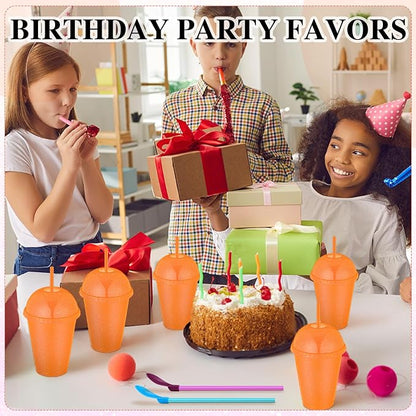 6 Set Slushie Cups with Dome Lids and Straws Detachable Spoon Straws Reusable Plastic Iced Coffee Cups Smoothie Tumbler for Birthdays Summer Party Supplies(Orange,16 oz)