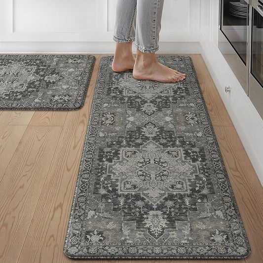 GENIMO Kitchen Mats for Floor 2PCs, Washable Anti Fatigue Mat for Cushioned, 17.3"x47"+17.3"x30", Waterproof Kitchen Rugs, Non Slip Comfort Standing Mat Rug for Home, Sink, Laundry, Dark Gray