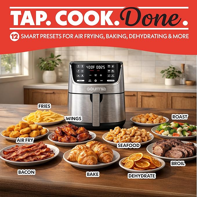Gourmia Air Fryer - 7 Qt Capacity, LED Display, 12 One-Touch Presets, FryForce 360° Technology, Nonstick Dishwasher-Safe Basket & Crisper Tray, Stainless Steel