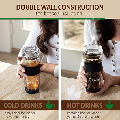 Double Wall Glass Tumbler - 14-Ounce, All Glass Reusable Insulated Tea/Coffee Mug & Lid, Hand Blown Travel Mug - Black