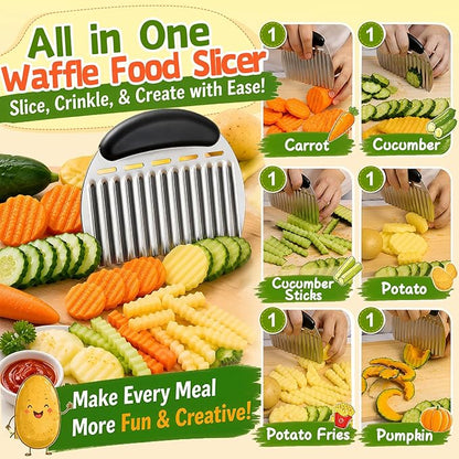 JAYVAR Large Crinkle Cutter French Fry Cutter, Large Crinkle Potato Slicer Wavy Chopper, Stainless Steel Wavy Slicer Crinkle Cutting Chopping Tools with Handle for Carrot Vegetable