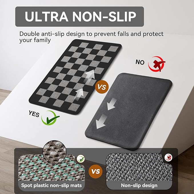 YDKGL Kitchen Runner Rugs Non Slip Washable, Super Absorbent Kitchen Mats for Floor, Linen-Look Woven Sink Mat Standing Mat, Easy Clean, Black Gray Checkered 17"x59"