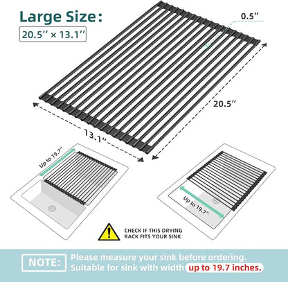 Ohuhu Over The Sink Dish Drying Rack, 20.5" W x 13.1" L Rolling Dish Drainer Foldable Sink Accessories Heat-Resistant Mat Anti-Slip Silicone Coated Dish Racks for Kitchen Counter