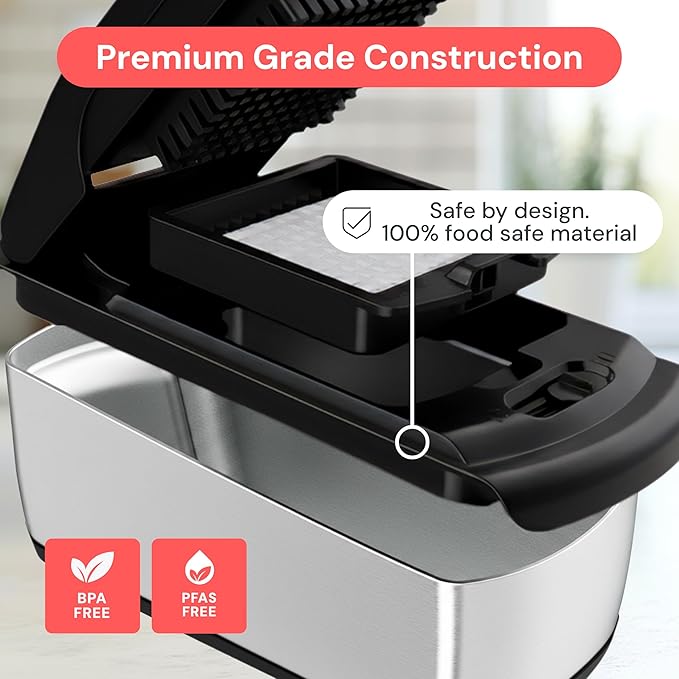 Close-up of a kitchen appliance with text highlighting premium grade construction and safety features.