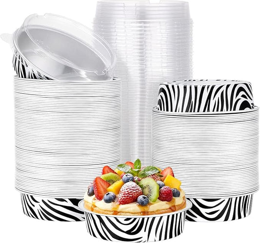 Beasea Disposable Ramekins with Lids, 120 Pack 7.3oz Mini Pie Tins Small Aluminum Foil Pie Tart Cake Baking Pans Individual Round Creme Brulee Containers for Party - Zebra Stripes