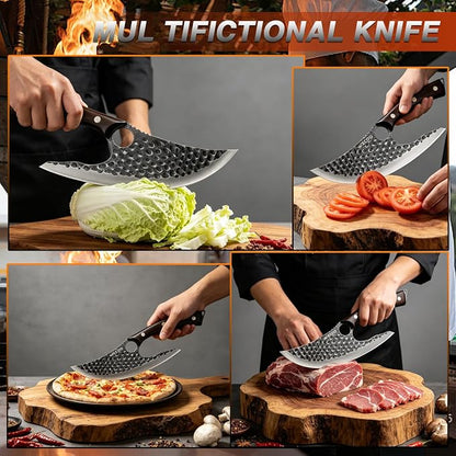 Ulu Knife with Sheath - Ultimate - Hand Forged Caveman Ultimo Knife with Full Tang Ergonomic Wooden Handle & Copper Inlay - BBQ Knives for Vegetables, Fruit, Pizza, and Outdoor Adventures
