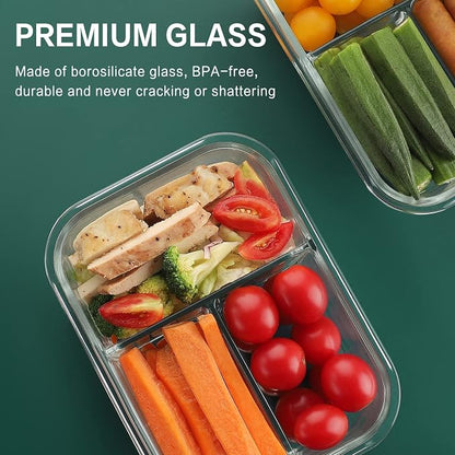 HOMBERKING 8 Pack Glass Meal Prep Containers 3 Compartment, 36oz Glass Food Storage Containers with Lids, Airtight Lunch Bento Boxes, Leak Proof (8 lids & 8 Container) - Light White