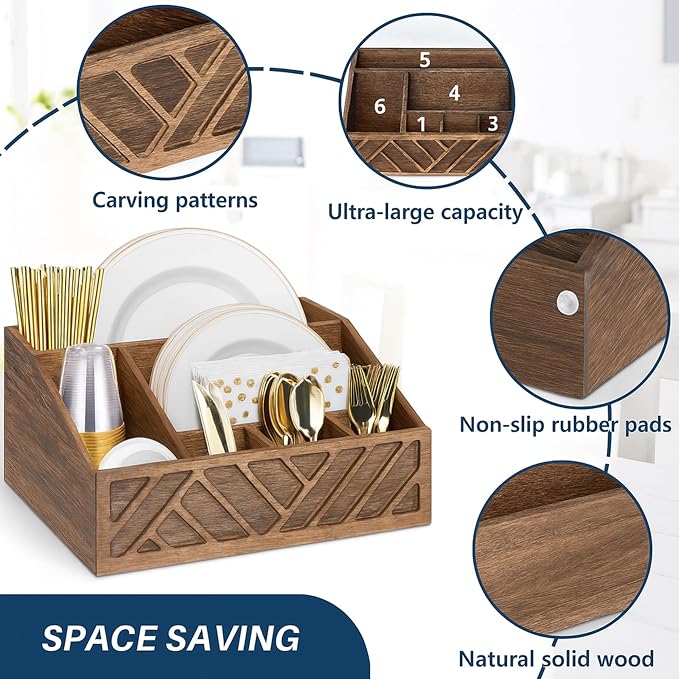 Paper Plate Dispenser |Paper Plate Holders For Kitchen Counter |Wooden Utensil Holder Silverware Organizer |Cutlery Flatware Organizer Box For Cups, Plates, Cutlery,Kitchen Accessories