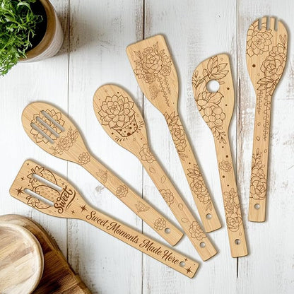 CUTHOLLOW 6PCS Succulents Potted Wooden Kitchen Cooking Utensil Set, 11.9in Non Toxic Bamboo Wood Spoon Set for Cooking, Best Housewarming Birthday Thanksgiving Christmas Gift for Women Mother