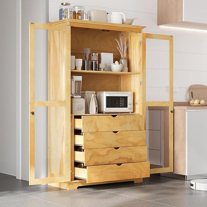 VilroCaz 75'' Tall Kitchen Pantry, Wood Freestanding Kitchen Storage Cabinet Display Cabinet with Glass Doors and 4 Built-in Drawers for Living Room Home Office (Natural-6.21)