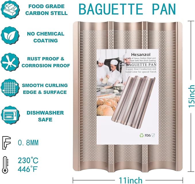 Baguette Pans for Baking 15" x 11", Carbon Steel 3 Loaf Nonstick Baguette Baking Tray for French & Italian Perforated French Bread Pan (2pack - Gold)