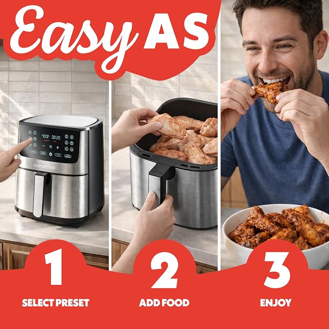Gourmia Air Fryer Oven Digital Display 8 Quart Large AirFryer Cooker 12 Touch Cooking Presets, XL Air Fryer Basket 1700w Power Multifunction GAF838 Black and stainless steel air fryer
