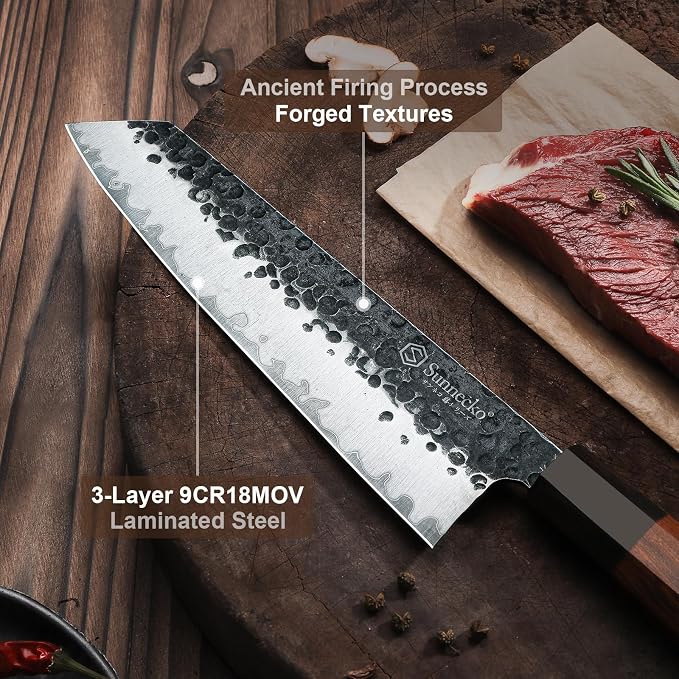 Sunnecko 8 Inch Chef Knife Japanese Kitchen Knife Sharp, Gyuto Chefs Knife Carbon Steel 3-Layered 9CR18MOV, Rosewood Handle Gift Box