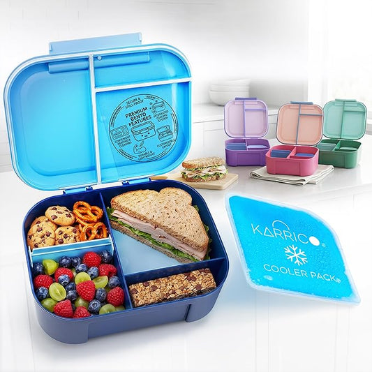 KARRICO Leakproof Lunch Box – 3-Compartment Bento Box, Cooler Pack & Adjustable Divider, Extra Large & BPA-Free – Dishwasher Safe, Ideal for On-the-Go Meals, Navy & Blue
