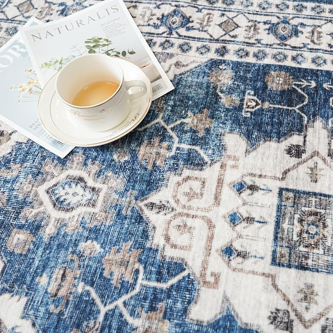2x6 Washable Hallway Runner Rug: Indoor Farmhouse Kitchen Rugs Oriental Thin Non-Slip Entryway Carpet Ultra Soft Water Resisitant Floor Mat for Living Room Bedroom for Bathroom Laudry(2 X 6,Blue)