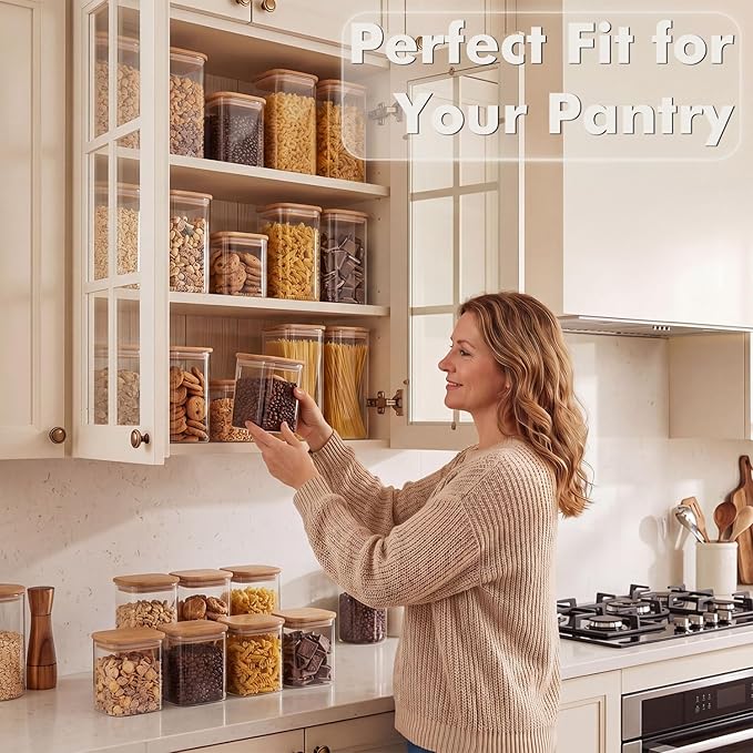 3-Pack 2Qt Rectangle Glass Storage Jars with Bamboo Lids | Minimalist Kitchen Organizer,Scandinavian Style Storage,Nordic Style Storage,Food Storage Canister for Pasta, Penne, Macaroni