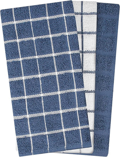Ritz Premium 100% Cotton Terry Check Kitchen Dish Towels - Highly Absorbent, Super Soft, Long-Lasting, 25"x15", 3-Pack, Federal Blue
